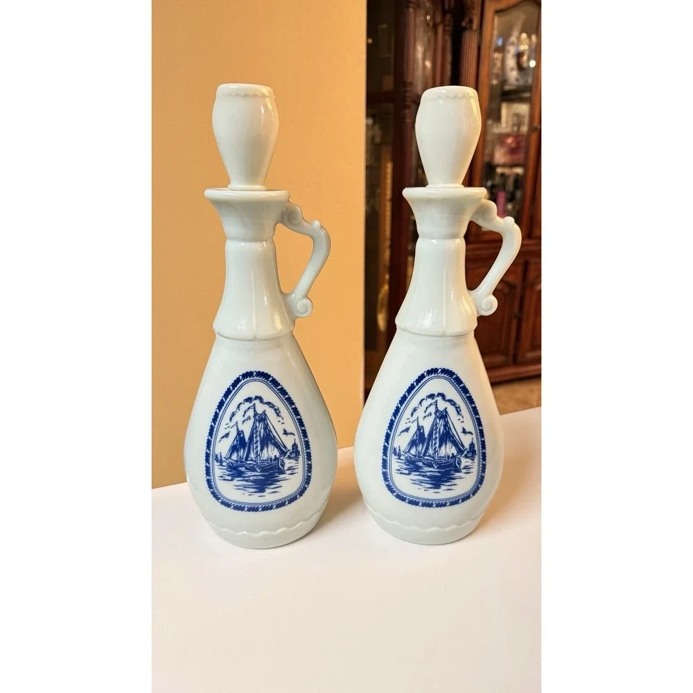 1963 Jim Beam Milk Glass Decanter Set Delft Blue‎ Sailing Ship Bottle Pair Vtg